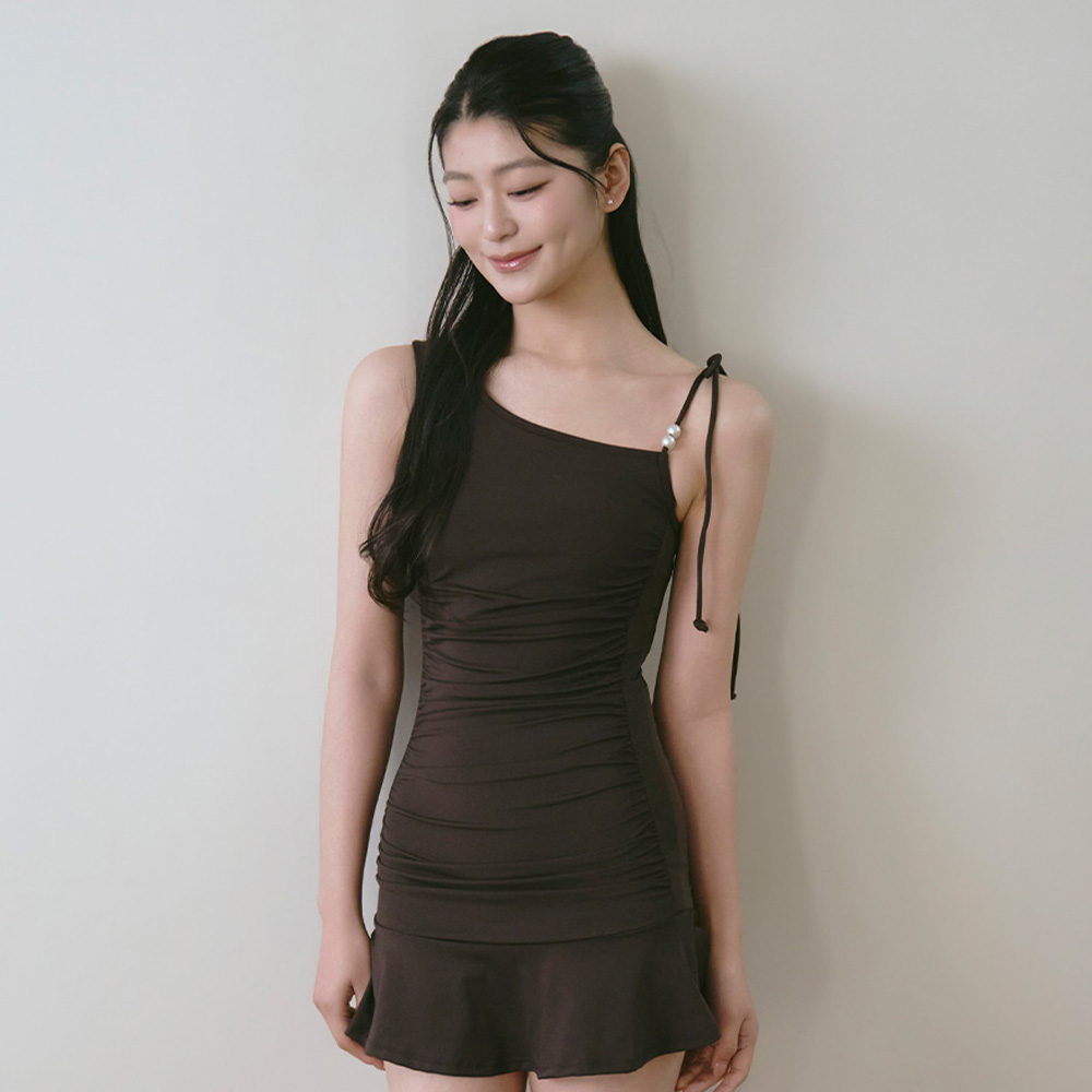 원숄더 드레이프 원피스 브라운
